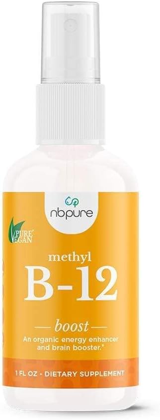 nbpure Organic & Vegan Vitamin Methyl B12 Spray – Natural Energy, Mood, & Nerve System Support for Women, Men, Kids – 500mcg Liquid Methylcobalamin Per Spray