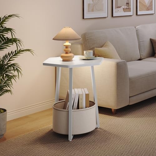 MAHANCRIS Small Side Table, Round End Table with Storage Basket, Modern Nightstand for Small Space, Hexagonal Bedside Table, Couch Side Table for Living Room, Bedroom, White ETWT9901