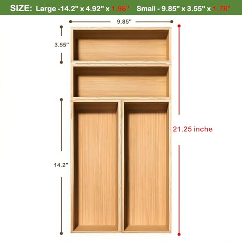 guiogc Bamboo Drawer Silverware Organizer, Flatware Organizer, Bamboo Storage Box for Office, Bathroom and other objects storage (large14.2 x5 x2 Small 9.85"x3.55"x1.78"- Set of 4) - size: 14.2" x 5" x 2" & 9.85" x 3.55" x 1.78"