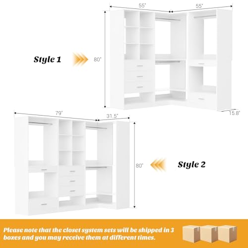 Homieasy Closet System Organizer with Drawers, Pants Rack, Cube Storage and Hanging Area – Wardrobe Organizer with Hanging Rods, Shoe Storage & Anti-Tip Kit – Expandable and Easy to Install, White