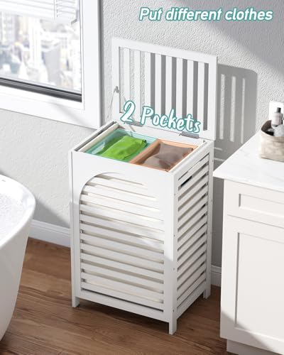 White Laundry Hamper, 22.5 Gallon (85L) Bamboo Wood Clothes Laundry Basket with Lid and Handles, Removable Liner - color: White, size: Large