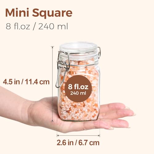 ComSaf Set of 12 Square Glass Jars with Airtight Lids (8 Oz), Pantry Canisters for Spices, Jams, & Herbs, Wire Clamp Jar for Overnight Oats, Pickling, Favors, Includes Labels & Funnel - size: 8oz*12