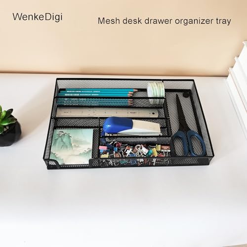 2-Pack Metal Mesh Desk Drawer Organizer Tray Set, 6-Compartment Office Drawer Organizer for Pens Supplies, 12.6"x8.27"x1.57" Black - color: 2pcs packed black
