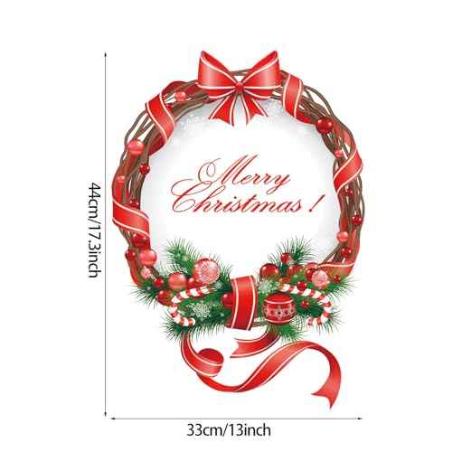 Merry Christmas Wreath Wall Sticker,Peel and Stick Removable Pine Branch Red Ribbon Christmas Wreath Decal for Door Wall Window Refrigerator Party Decoration