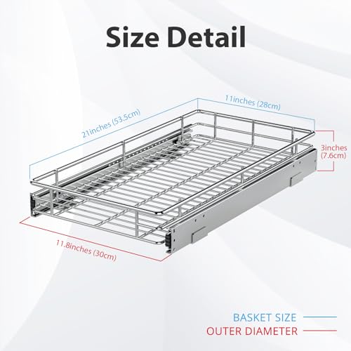 ZOINLIY Pull Out Cabinet Organizer, Versatile Slide Out Kitchen Organizers and Storage,Heavy Duty Drawer Cupboard Storage Basket, Smooth Sliding, Chrome Finish,11.8" W x 21" D - size: 11.8”W x 21”D (Outside Dimensions)