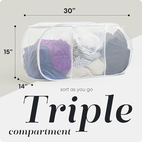 Handy Laundry Collapsible Laundry Basket, 3-Compartment Mesh Laundry Sorter, Foldable Pop Up Hamper with Handles, Space-Saving Durable Organizer for Dorm, Bedroom, Travel, White