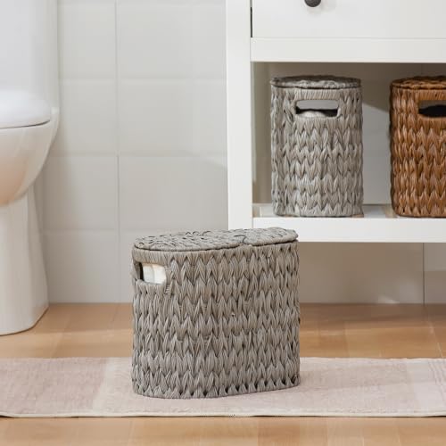 Toilet Paper Storage with Double Lid, Toilet Paper Basket for Storage, Waterproof & Freestanding Tissue Holder for Bathroom, 4 Rolls, Grey