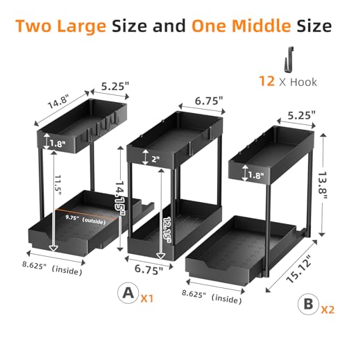 Simple Trending Under Sink Organizer 3 Pack, Sink Pull-Out Sliding Storage Cabinet, 2-Tier Under Shelf Organizer for Kitchen Bathroom, Black - size: 3 pack