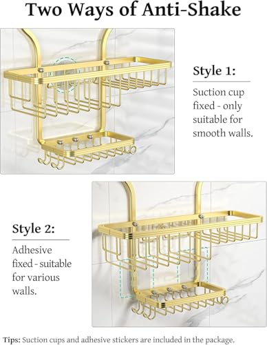 YASONIC Never-Rust Aluminum Hanging Shower Caddy – Over-the-Showerhead Organizer with 10 Hooks for Razor and Sponge – Includes Soap Basket – Gold - color: Gold