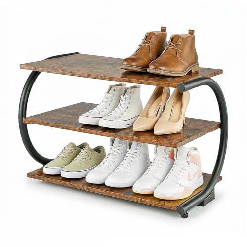 C-Shaped 3-Tier Shoe Rack with Metal Frame & Adjustable Feet - Compact Organizer for Entryway, Closet, Hallway (Holds 11 lbs/Shelf) - size: 25.59" X 11.81" X14.76"
