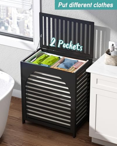 Black Laundry Hamper, Laundry Hamper with Lid, 27.3 Gallon (103L) Bamboo Wood Clothes Laundry Basket with Lid and Handles, Removable Liner - color: Black, size: Extra Large