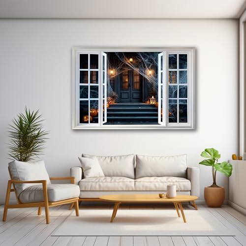 WOOHOOROO Peel and Stick Halloween Fake Window Sticker,Spooky House Scene Wall Decal with Pumpkins and Spider Webs,Removable Self-Adhesive Mural for Home Decor,16" x 24"