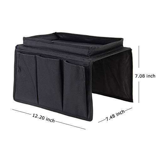 Sofa Armrest Organizer, Couch TV Remote Storage Organizer with Pockets for Recliner Armchair Snacks Glasses Smartphone Magazines Pouch (Black)