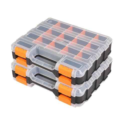 Tool Box with Transparent Lid, Double Side 34-Compartments Organizer Box with Removable Dividers for Hardware, Screws, Bolts, Nails, Beads, Jewelry and Fishing Accessories, Orange, 2 Packs