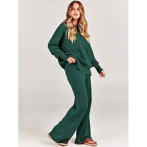 ANRABESS Womens 2 Piece Outfits Fall Lounge Set 2025 Oversized Chunky Knit Sweater Top Wide Leg Pants Loungewear Clothes