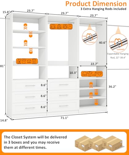 Closet System With 3 Sets, 6–16 Ft Closet Organizer System With 6 Drawers, Walk-In Closet With 9 Shelves & 5 Adjustable Hanging Rods, Customizable Modular Closet Kit, White