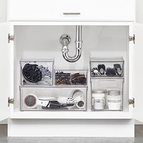 mDesign Plastic Stackable Bathroom Storage with Pull Out Bin Organizer Drawer for Cabinet, Vanity, Shelf, Cupboard, Cabinet, or Closet Organization - Lumiere Collection - 4 Pack - Clear - size: 8 x 12 x 8 (Pack of 4)