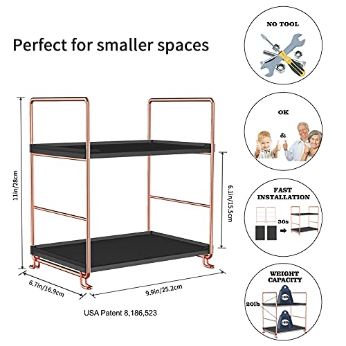 2-Tier Countertop Organizer Cosmetic Storage Rack Vanity Tray Stackable Standing Storage Shelf with Experience Manual(Rose Gold + Black) - color: Black + Rose Gold