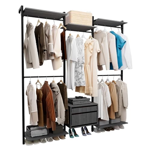 Wall-Mounted Steel & Wood Closet Organizer System with 4 Adjustable Shelves, 5 Hanging Rods, and 2 Drawers – Modern Open Wardrobe, Black - color: BC03-black