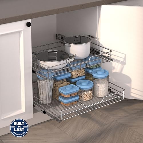 JOWBOOW (23" W x 22" D Cabinet Pull Out Shelves, 2-Tier | Heavy Duty Kitchen Pull Out Shelves for Wide Cabinets, 22 Inch Deep Sliding Cabinet Organizer - size: 23 x 22 Inch
