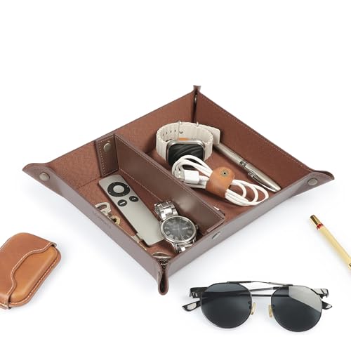 Londo Leather Tray Organizer - Practical Lightweight Water Resistant Computer Table Desk Storage Box for Wallets, Watches, Keys, Coins, Cell Phones and Office Equipment - color: Light Brown