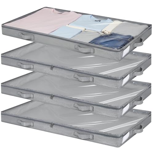 4 Pack Under Bed Storage, Below 4 Inches Underbed Storage Containers Low Profile No Sidewalls Foldable Shallow Storage Bins Organizer with Clear Lid and Zipper