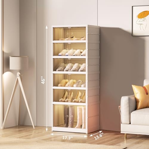 SYNCVIBE Foldable Shoe Rack Organize 6 Tier Plastic Shoe Shelf, 12 Pairs Collapsible Shoes Storage Bins, Large Folding Shoe Boxes for Closet with Doors, Stackable Storage Shoe Cabinet - size: 6 Tiers -12 Pairs