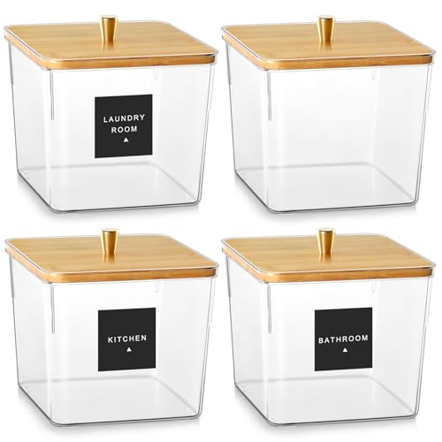 Hudgan 4 Pack Acrylic Storage Containers with Measuring Scoops for Kitchen, Laundry, Pantry, Clear Sturdy Plastic with Gold Handle Perfect for Dried Goods, Snacks, Detergent