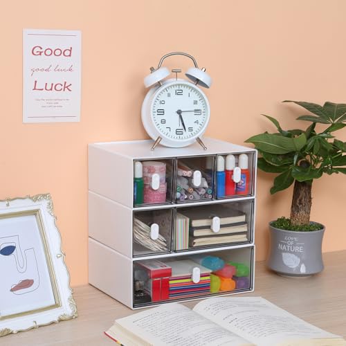 Desktop Storage Drawers, Plastic Desk Organizer with 2 Drawers, Modular Stackable Toolbox Units for Office Stationary, Makeup Container, Bathroom Countertop (Tall Layer, White & Clear) - color: 1 Tall Layer & 2 Drawers, White & Clear