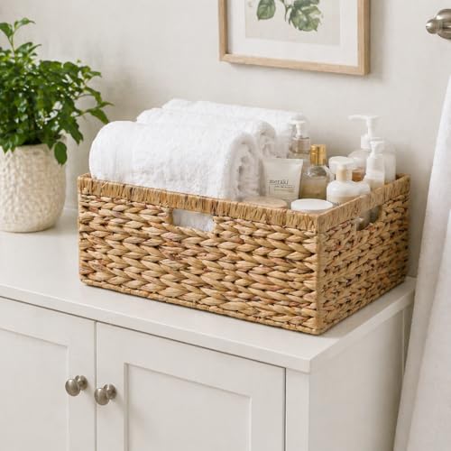 Jumbo Wicker Basket, Rectangular Wicker Baskets for Storage, Water Hyacinth Extra Large Storage Baskets, Shelf Basket with Built-in Handles-1 Pack - size: 16 ½"L x 13"W x 7 ½"H