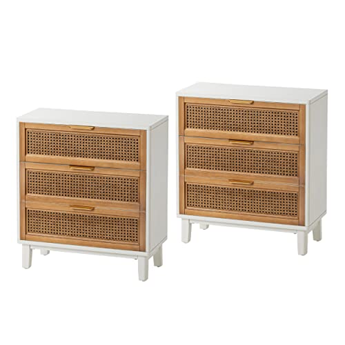 COZAYH Farmhouse 3-Drawer Nightstand, Set of 2 Rattan Cane Front Accent Dresser with Brass Pull, Distressed White - color: Distressed White, style: 3 Drawer/2 pack