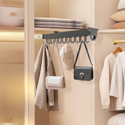 Pull Out Broom Holder Wall Mount, 20-Hook Slide Rail Organizer with Damping System, 66lb Heavy Duty Brooms and Mops Pull Out Storage Rack for Brooms/Mops/Clothes, Laundry Room & Kitchen, Black