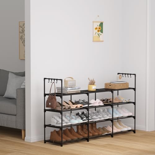 3 Row 4 Tier Long Shoe Rack, Black Metal Stackable Shoe Shelf with Multifunctional Hooks, Shoe Storage Hold 24-30 Pairs, Space Saving Shoe Organizer for Closet,Wide Shoe Rack - size: 3 Row 4 Tier