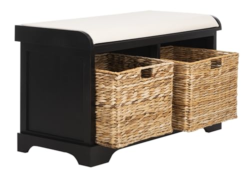 SAFAVIEH Home Collection – Freddy Black Storage Bench with Wicker Baskets & Cushion, Entryway Seating Bench, Fully Assembled (AMH5736B) - color: Black