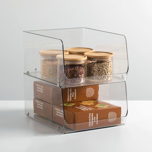mDesign Wide Stackable Plastic Food Storage Organizer Bin Basket with Open Front for Household Kitchen Cabinets, Pantry, Offices, Closets, Bedrooms, Bathrooms - 10.2" Wide, 2 Pack - Clear - size: 12 x 10 x 6.25 (Pack of 2)