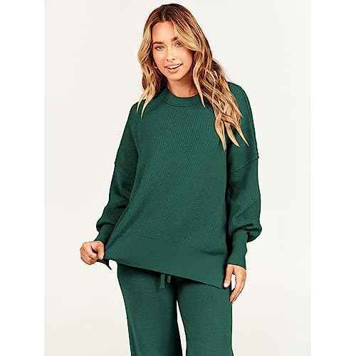 ANRABESS Womens 2 Piece Outfits Fall Lounge Set 2025 Oversized Chunky Knit Sweater Top Wide Leg Pants Loungewear Clothes