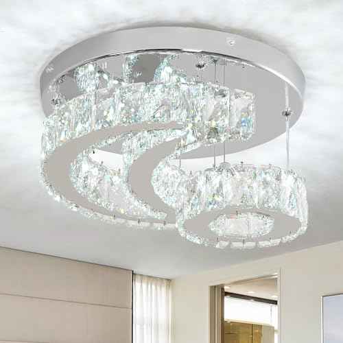 11.8 Inch Crystal Chandelier Flush Mount Ceiling Light Fixture, 2 Tier Height Adjustable (Max 23.62"), 36W LED Modern Chandeliers for Bedroom Kids Room Hallway (6000K, Star Moon Light)