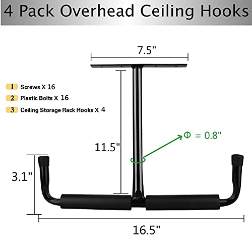 Overhead Garage Storage Hooks Rack Ceiling Mounted, Heavy Duty Utility Hooks Ladder Hangers for Pipe, Lumber, Fishing Rod and Ski Board | 4 Pack Black