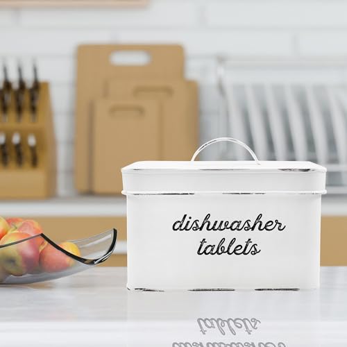 AuldHome Design Dishwasher Pod Holder, Tablet Container; White Enamelware Rustic Kitchen Storage Tin w/ Lid