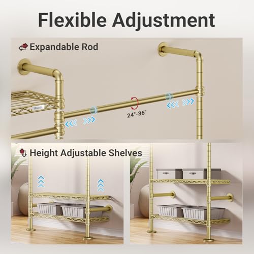 Timate F2 Industrial Pipe Clothes Rack Wall Mounted Clothing Rack for Hanging Clothes, Expandable Garment Rack Heavy Duty Wardrobe Closet Organizer and Storage, Adjustable Industrial Closet Kit, Gold - color: Gold, style: Timate F2
