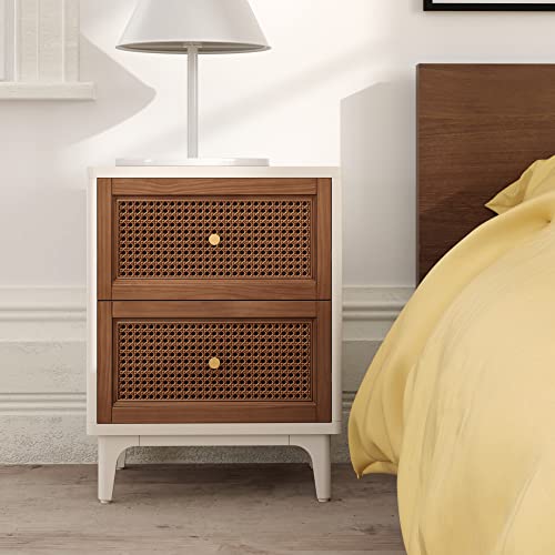 COZAYH Set of 2 Fully-Assembled 2-Drawer Woven Cane Front Accent Nightstand with Brass Knobs, Distressed White - color: Distressed White, style: 2 Drawer/2 pack