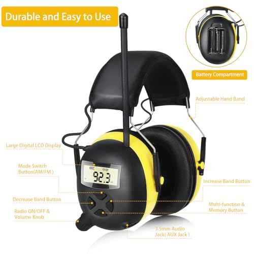 BJKing AM/FM Radio Headphones with Digital Display, 30dB AM FM Hearing Protection Safety Ear Muff, Ear Protection Headphone for Mowing, Landscaping, Shooting and Construction Black-Yellow