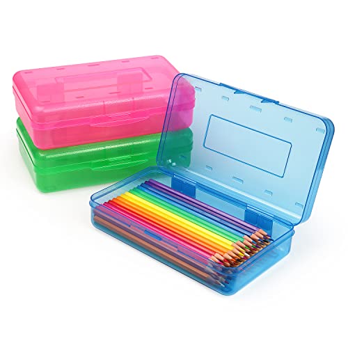 Tamaki 3 Pack Plastic Pencil Box Large Capacity Pencil Boxes Clear Boxes with Snap-tight Lid Stackable Design and Stylish Office Supplies Storage Organizer Box, Blue, Green, Pink - color: Blue,Green,Pink