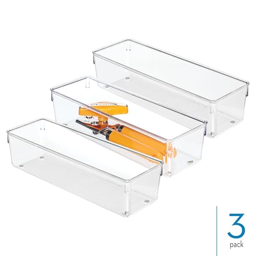 iDesign Plastic Drawer Organizer Bins - Storage for Kitchen, Bathroom, and Desk Drawers - Set of 3 - Clear - size: 4 x 12 x 3, style: Pack of 3