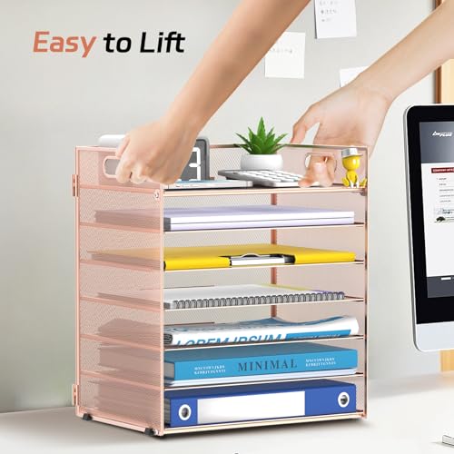 7 Tier Paper Organizer - Mesh Desktop File Holder with Handles for Office School Desk (Rose Gold) - color: Rose gold