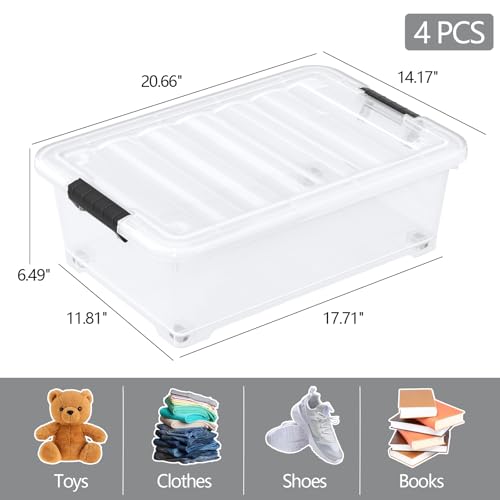 4 Packs 20 Quarts Under Bed Plastic Storage Bins with Lids, Clear Underbed Storage Containers with Wheels