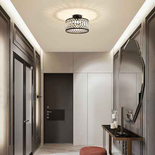 Crystal Black Ceiling Light, Modern Semi Flush Mount Ceiling Lighting Fixture, Round Hallway Lighting Fixtures for Kitchen Entryway Bedroom Laundry Room, 1-Light, 11.4 Inch