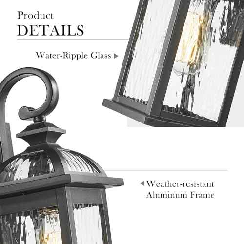 Darkaway Outdoor Lights Fixture Wall Mount, Exterior Wall Light with Water Ripple Glass Waterproof Black Outside Wall Sconce for House Porch Hallway Garage