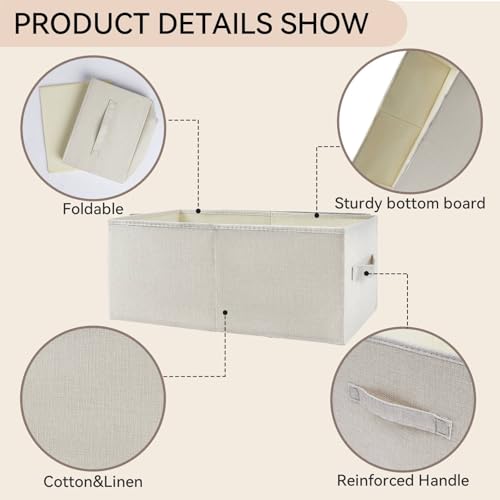 3 Pack Linen Storage Baskets with Handle,Large Foldable Closet Storage Bins for Shelves, Toys, Sheets, Clothes Organization,18"×11"×8",Beige
