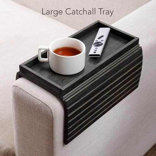 DETOR Sofa Arm Tray with Spacious 12.4" x 5.4" Storage Box, Ebony Bamboo Finish, Enhanced Non-Slip Felt Bottom, Sturdy Bamboo Slats, Fits Armrests 6" and Wider - color: Ebony
